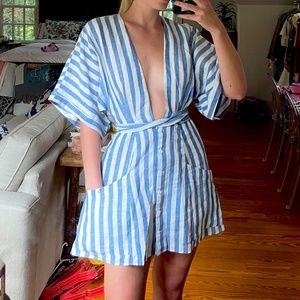 Reformation Blue and White Linen Geneva Short Dres